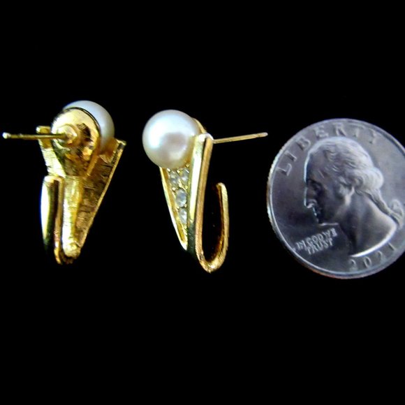 Gold tone faux pearl & rhinestone pierced earrings - bride - prom - evening wear - Picture 5 of 5